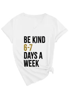 White V-neck short sleeve t-shirt with stylish front slogan print and knotted hem.