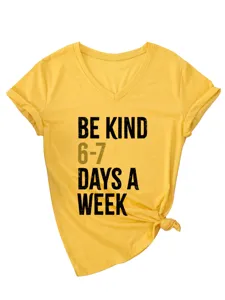 Casual yellow v-neck short sleeve t-shirt with inspirational letter print and knot hem.