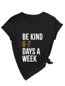 Black V-neck short sleeve women t-shirt with graphic print and side knot casual top
