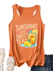 Canotta estiva donna arancione con grafica tè freddo limone carino top senza maniche casual