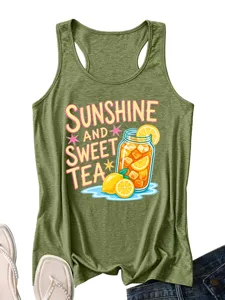 Canotta donna verde estiva grafica limone stampa top senza maniche stile casual dettaglio