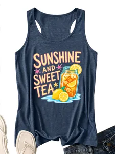 Canotta sportiva da donna blu scuro casual con una simpatica stampa grafica di tè al limone.