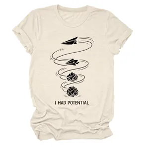 Beige Damen Freizeit Rundhals Kurzarm T-Shirt mit lustigem Papierflieger Grafikdruck.