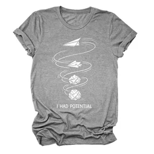 Lässiges graues Damen T-Shirt mit kurzem Arm und lustigem Papierflieger Grafik Motiv.