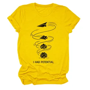 Damen gelbes kurzarm rundhals t-shirt freizeit grafisches tee mit spruch detailansicht