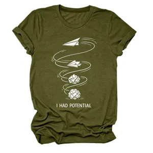 Olivenfarbenes Damen Kurzarm T-Shirt lässiges Grafik-Shirt mit kreativem Papierflieger-Druck.