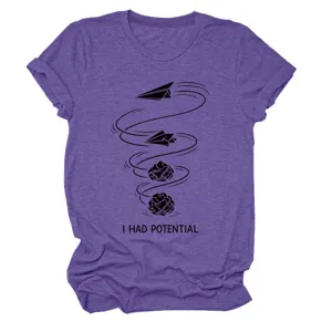Lila meliertes Damen Kurzarm T-Shirt mit kreativem Papierflieger Print Lässiges Oberteil.