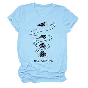 Lässiges hellblaues Damen Kurzarm T-Shirt mit lustigem Grafikdruck und Rundhalsausschnitt.