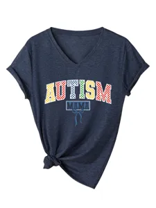 Dames V-Hals Korte Mouw T-Shirt Casual Knoop Zoom Autism Mama Grafisch Print Top