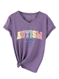 Vrouwen Autisme Mama V-Hals Korte Mouw Casual T-Shirt Paars Top Grafisch Trendy