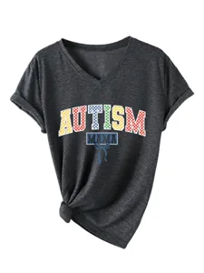 Dames Autism Mama V-Hals Korte Mouw T-Shirt Casual Top met Geknoopte Zoom Donkergrijs