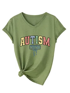 Casual Autism Mama V-hals korte mouw T-shirt olijfgroen met stijlvol knoopzoom detail