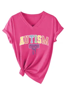 Casual dames V-hals korte mouw t-shirt met autism mama opdruk en knooprint ontwerp.