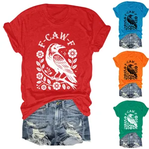 Women short sleeve t-shirt casual crow floral graphic print crewneck tee top apparel detail view
