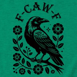 Detailed view of green graphic tee featuring crow print and lettering for stylish women.