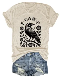 Close-up detail of casual women crow graphic tee and denim shorts showcasing unique print.