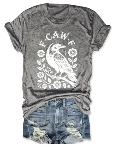 Casual grey short sleeve t-shirt featuring a chic crow floral graphic and denim shorts set.