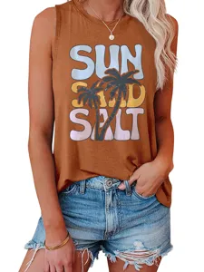 Women vintage palm tree print summer tank top casual sleeveless crew neck shirt top