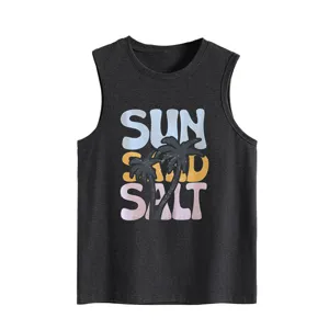 Women casual dark grey sleeveless tank top featuring vintage sun sand salt print.