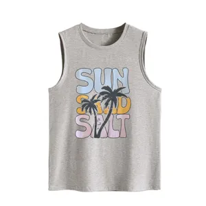 Women casual loose sleeveless tank top with vintage sun sand salt palm tree graphic detail.