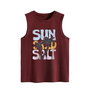 Casual maroon sleeveless tank top for women featuring summer sun sand salt palm tree graphic.