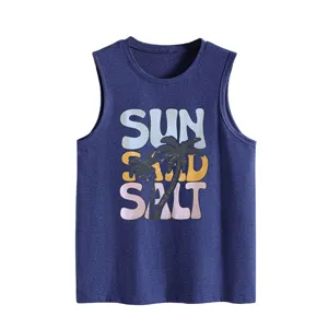 Casual summer women's sleeveless blue tank top featuring vintage sun and sand graphic print.