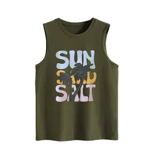 Army green women's sleeveless tank top with retro sun sand salt beach graphic print casual.