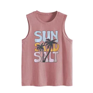 Women vintage summer casual sleeveless tank top with sun sand salt palm tree graphic print
