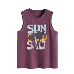 Casual loose sleeveless tank top for women with vintage beach palm tree graphic print.