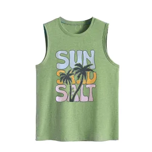 Green women sleeveless tank top with retro sun sand salt palm tree graphic print detail.