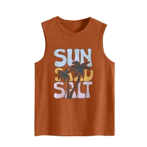 Women casual sleeveless tank top with vintage sun sand salt palm tree graphic print.