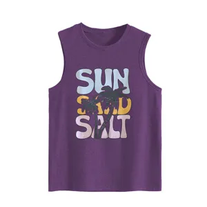 Detailed view of the purple sleeveless tank top featuring a vintage palm tree and text graphic.