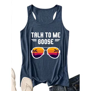Vrouwen zomer casual tanktop donkerblauw mouwloos topje met grafische print casual stijl