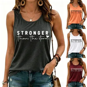 Women casual sleeveless tank top with stronger than the storm letter print for summer.