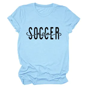 T-shirt à manches courtes décontracté pour femme bleu clair avec imprimé soccer mom, col rond.