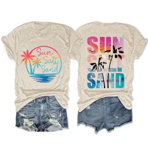 Women's short sleeve crewneck t-shirt casual summer beach palm tree graphic tee top