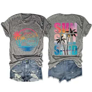 Women casual short sleeve t-shirt with beach sunset print front and back garment detail view.