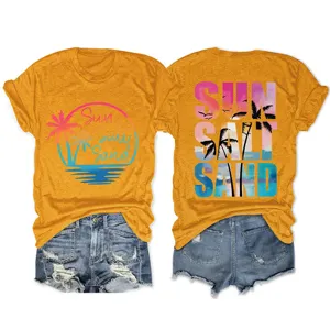 Women casual short sleeve t-shirt and denim shorts set with beach sunset graphic design.