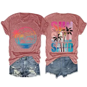 Heather pink short-sleeve graphic tee featuring sun salt sand print for casual summer daily wear.
