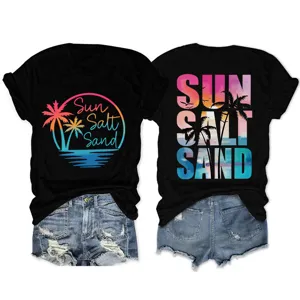 Women casual summer short sleeve black t-shirt with tropical palm tree sun salt sand print