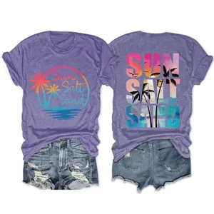 Casual summer purple short sleeve t-shirt featuring trendy sun salt sand graphic print for women.