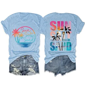 Casual summer short sleeve t-shirt with sun salt sand beach graphic print for women.