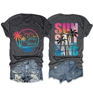 Charcoal grey short sleeve t-shirt featuring vibrant sunset palm tree design and text print.
