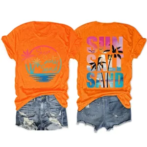 Orange summer short sleeve t-shirt featuring tropical sun salt sand graphic print.