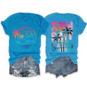 Casual blue short sleeve t-shirt for women with trendy sun salt sand beach graphic print.