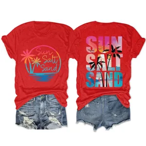 Casual women's short sleeve crewneck t-shirt with beach sun salt sand print detail view.
