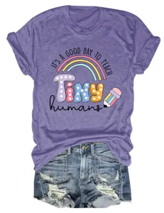 T-shirt femme manches courtes avec motif enseignant, haut violet chiné col rond décontracté.