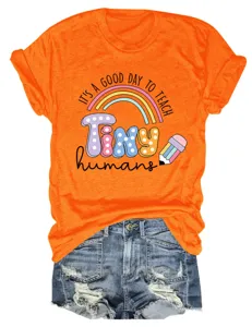 T-shirt à manches courtes orange avec détail de motif enseignant et arc-en-ciel