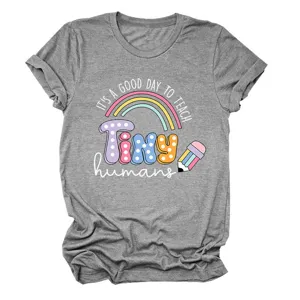 Femme t-shirt graphique gris manches courtes détail, imprimé citation prof col rond.