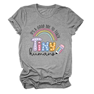 T-shirt femme gris à manches courtes avec motif enseignant, haut décontracté en coton doux.